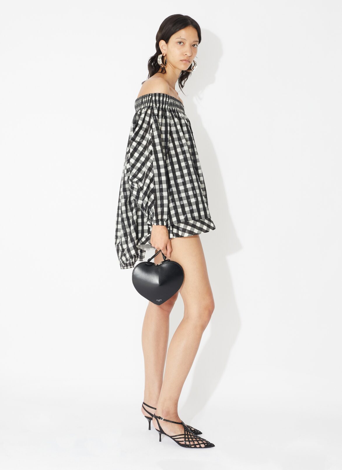 Vichy off-shoulder top ALAÏA BLACK VICHY OFF-SHOULDER TOP